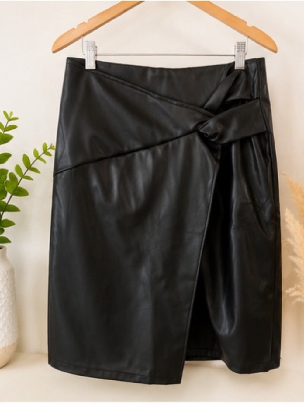 Kate Kasin Faux Leather Wrap Midi Skirt Black Tie Waist Concert Night Out Large